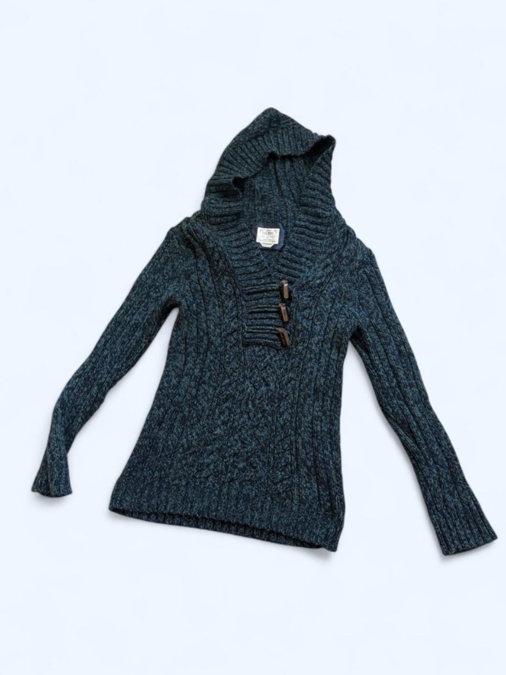 Vintage 2000s Cable Knit Hooded Sweater – Teal & Blue Chunky Toggle Knit (L)